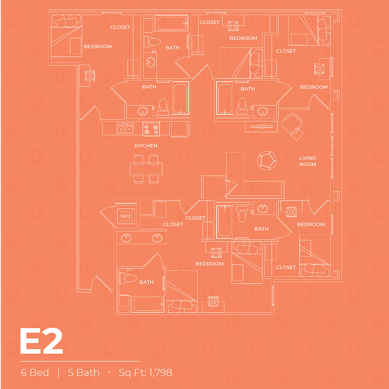 A 3D image of the 5BR/5BA – E2 floorplan, a 1798 squarefoot, 5 bed / 5 bath unit